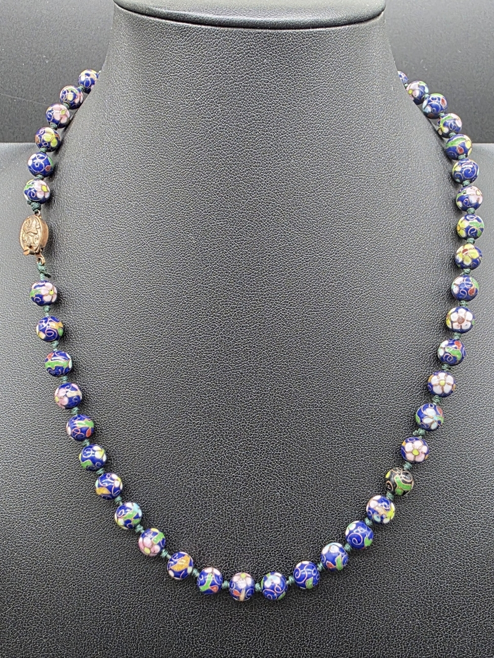 VINTAGE 40's Blue Cloisonné Floral Bead Necklace - Women Jewelry - Picture 2 of 5